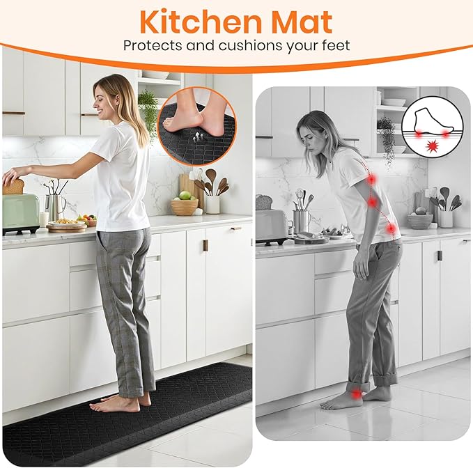4/5 Inch Extra Thick Kitchen Mats for Floor,Non Slip Anti Fatigue Kitchen Rugs,Waterproof Stain Resistant Sink Mat,Cushioned Standing and Comfort Mats for Office (17"x60" Black)