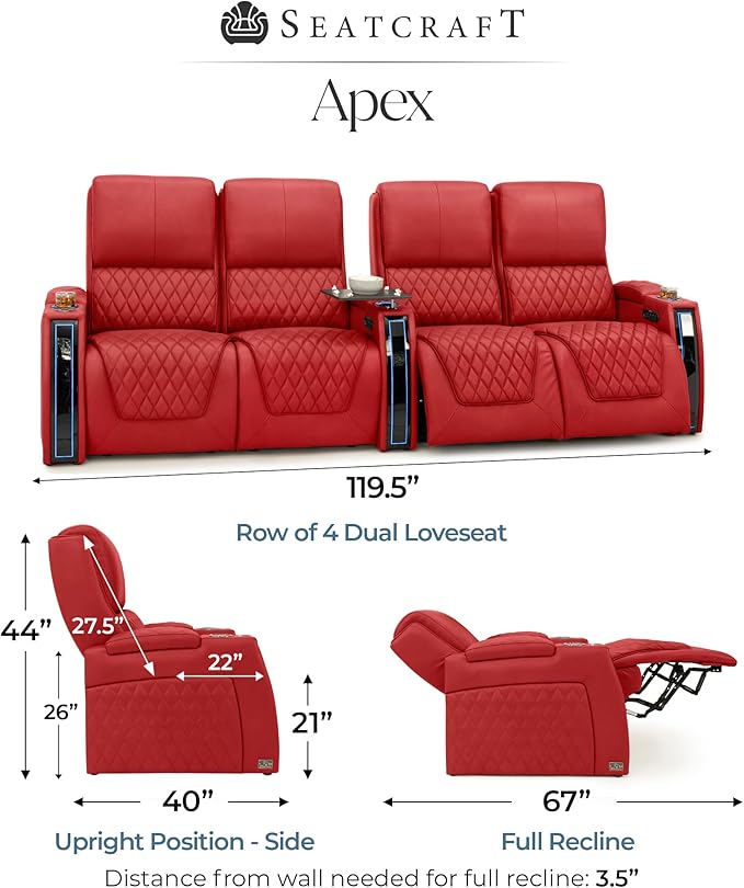 Seatcraft Apex Zero-Gravity CoolZero Italian Leather Home Theater Seating, Powered Headrest, Powered Lumbar, Powered Recline, Row of 4 Dual Loveseats, Red