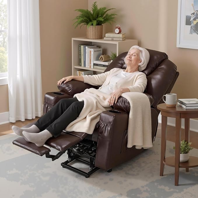 MCombo Power Lift Recliner Chair for Elderly, Lift Chair with Heat and Massage, FSC Certified, USB Ports, Cup Holders, Faux Leather 7141 (Dark Brown, Small)