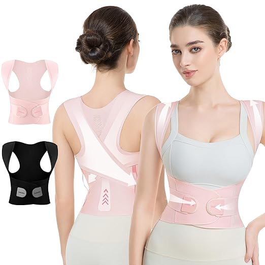 babaka Posture Corrector for Women, Invisible Lightweight Adjustable Back Brace for Upper and Lower Back Pain Relief, Hunchback, Hump, Scoliosis, Thoracic, Spine Corrector Under Clothes (Pink, Large, Waist: 34''-42'')