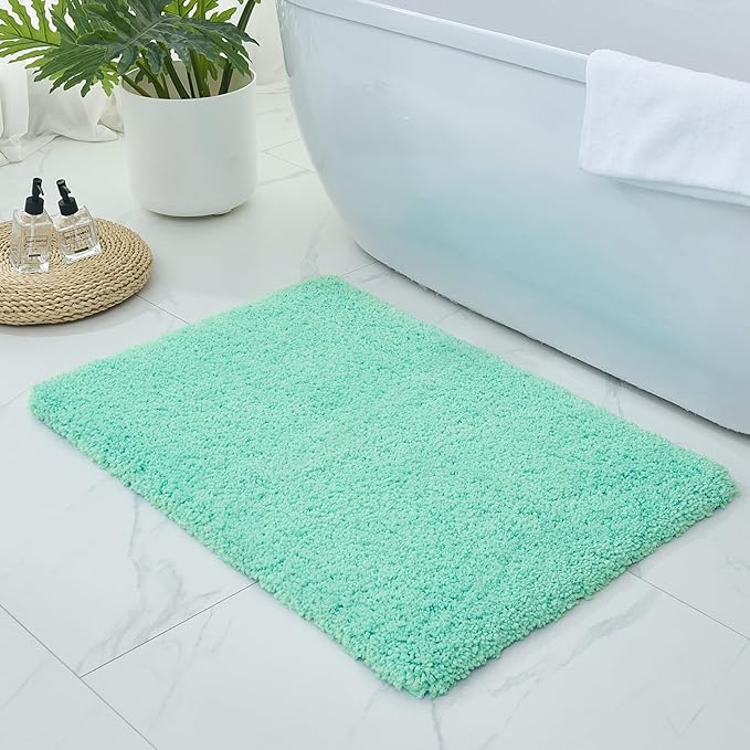 Bathroom Rugs 32x20, Ultra Thick Shaggy Soft Microfiber Absorbent Bath Rug, High Density Foam Latex Non Slip Backing, Machine Washable Bath Mats for Bathroom Floor & Sink, Spa Blue