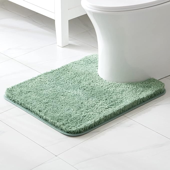 MIULEE Microfiber Toilet Bath Mat U-Shaped Contour Shaggy Bathroom Rugs Non Slip Extra Thick Soft Bath Rug Absorbent Water for Bathroom Commode Machine Washable(20x24 Inch, Sage Green)