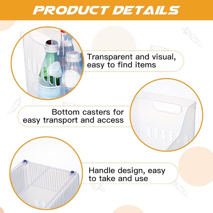 4 Pcs Plastic Freezer Organizer Bins with Wheel Tall Narrow Kitchen Pantry Organizer Snack Storage Containers for Office Refrigerator(10 x 12.5 x 6.7 Inch)