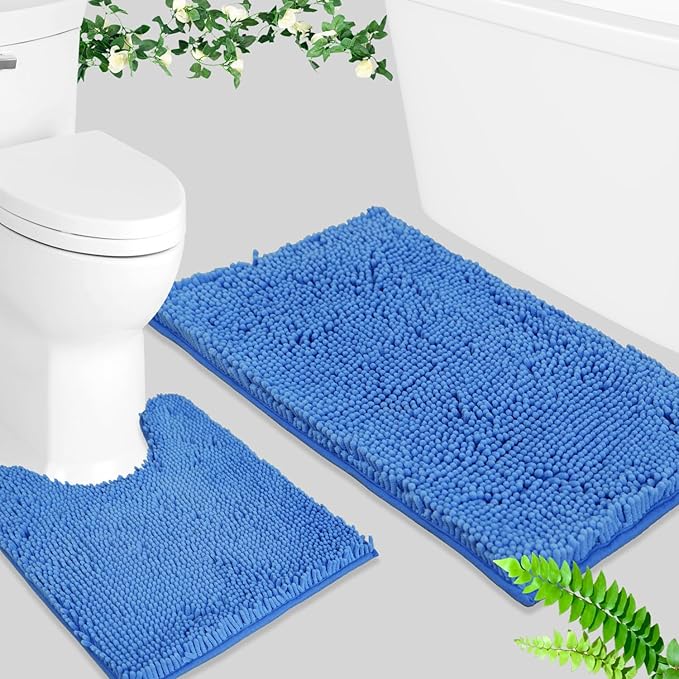BOANKODU Bathroom Rug Set, 2 Piece U Shape Bath Mat - Absorbent Chenille, Non-Slip, Machine Washable - 32x20 + 20x20 Inch (Snow Cyan)
