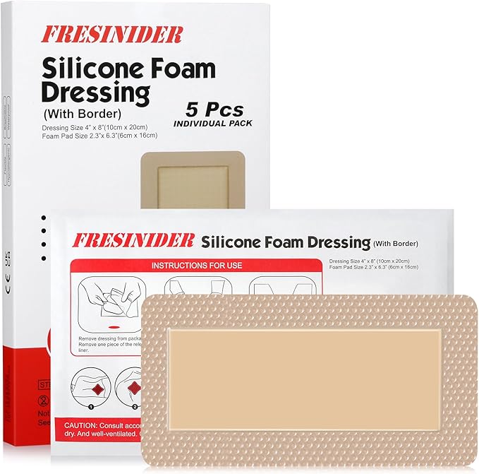 FRESINIDER 4" x 8" Pack of 5 Silicone Foam Wound Dressing - Waterproof Adhesive Bandages with Bordered - Super Absorbent & Breathable for Optimal Wound Care