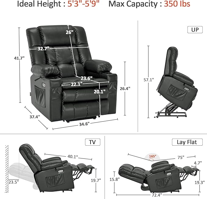 MCombo Dual Motor Power Lift Recliner Chair for Elderly, Lay Flat Lift Chair with Heat and Massage, Cup Holders, USB Ports, Faux Leather 7890 (Grey, Medium)