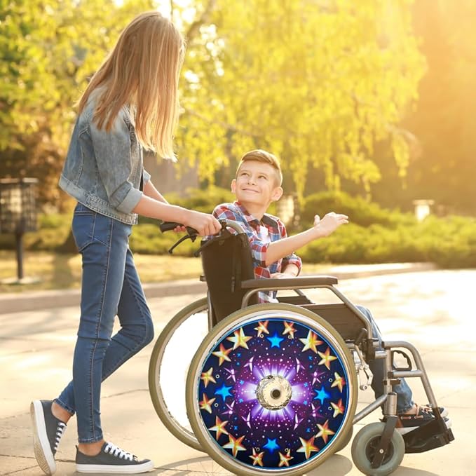 Designer Christmas Cover for Wheelchair Wheels, Waterproof Wheelchair Accessories, Aesthetics, Easy Install/Remove, Lightweight, for Adults and Kids (Super Star)