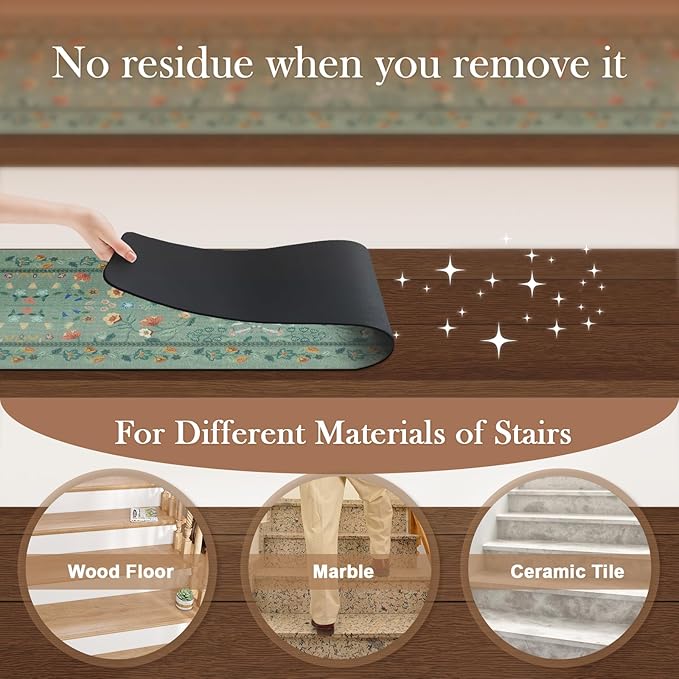 OJIA Floral Stair Treads Non-Slip Stair Runner for Wooden Steps Indoor 15PCS 30"x8" Carpet Stair Treads Stair Mats Staircase Step Treads for Kids, Elders and Dogs, Stair Covers, Green
