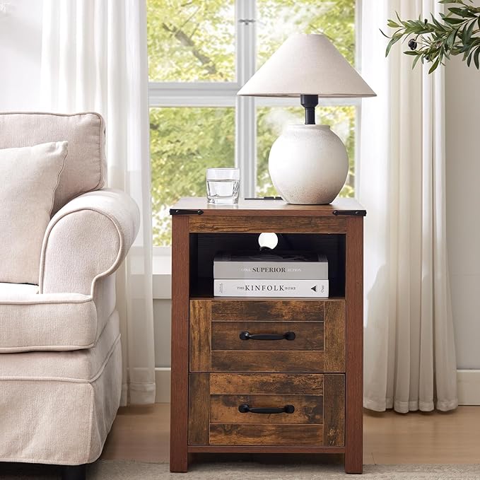 Brown Night Stand Set of 2, Rustic End Table with Charging Station, Farmhouse Tall Nightstand for Bedroom, Drawer Dresser Bedside Table with Open Storage Shelf