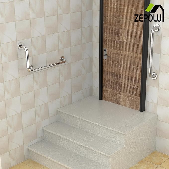 Polished Chrome L-Shaped Grab Bar 12x24 Inch + Knurled Shower Grab Rail 20 Inch, Zepolu Stainless Steel Toilet Safety Bar 90 Degree, Angled Balance Support Assist Bar, Bathroom Mobility Aid Handrail