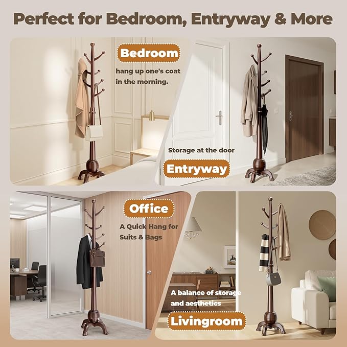 Wood Coat Rack Freestanding, Solid Wooden Hall Tree with 8 Hooks, Coat Tree Freestanding Heavy Duty with Stable Base, Entryway Hallway Bedroom Office Use, 240lbs Load Capacity H:71.6in (Black)