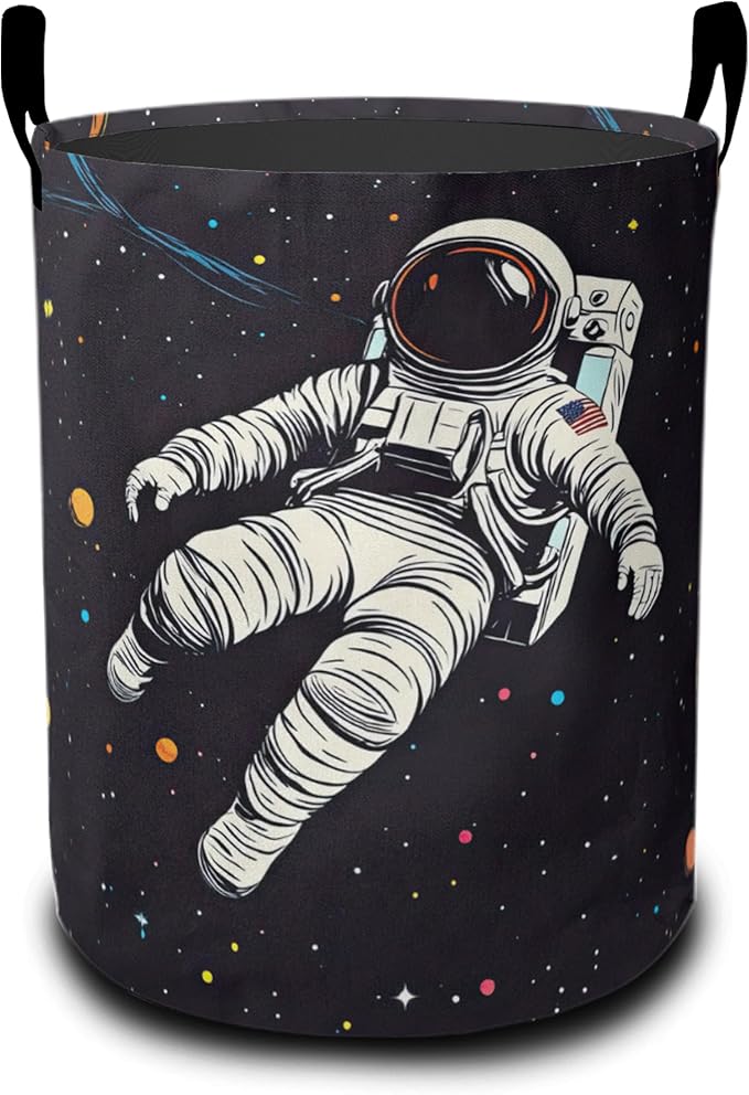 Astronauts in Space Laundry Basket-Large Foldable Hamper Holder Portable Tall Collapsible Laundry Hamper Storage Basket Bin with Handles, Canvas & Waterproof lining for Household Items