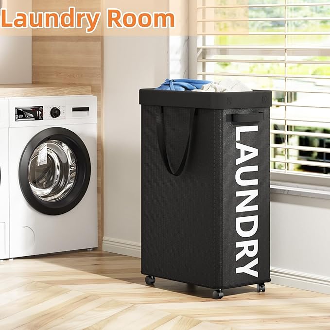 90L Rolling Laundry Basket with Wheels, 29 IN Hamper with Wheels and Removable Mesh Bag, Black Laundry Baskets on Wheels for Bedroom, Dorm, Clothes Hamper Organizer