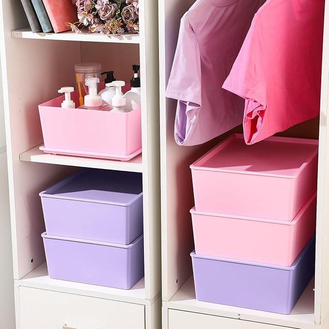 Menkxi 6 Pcs Large Plastic Storage Bins with Lids 14.4 x 10.4 x 5.1 Inch Stackable Storage Containers Decorative Cubby Organizer for Clothes Shelves Garage Closet Office (Pink, Purple)