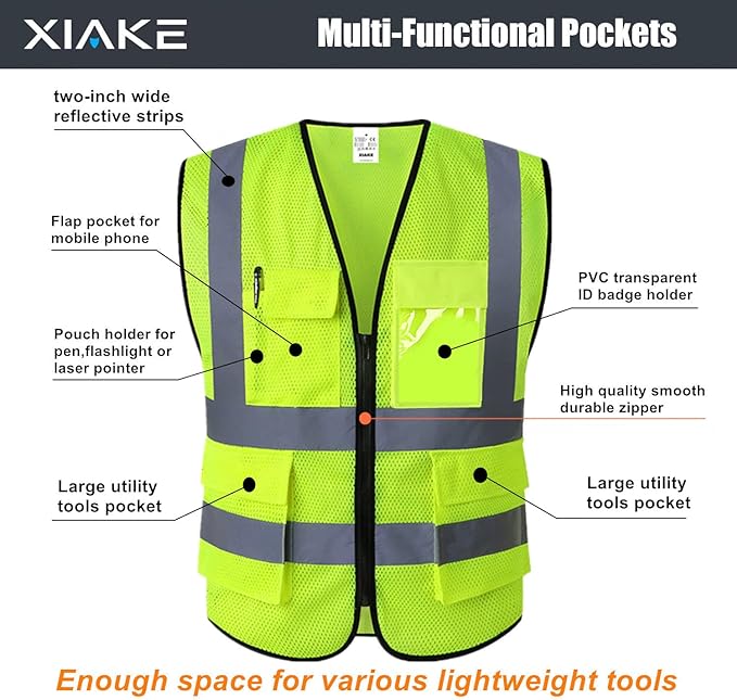 XIAKE Reflective Safety Vest for Men & Women High Visibility Class 2 Vest with Pockets Meets ANSI Standards