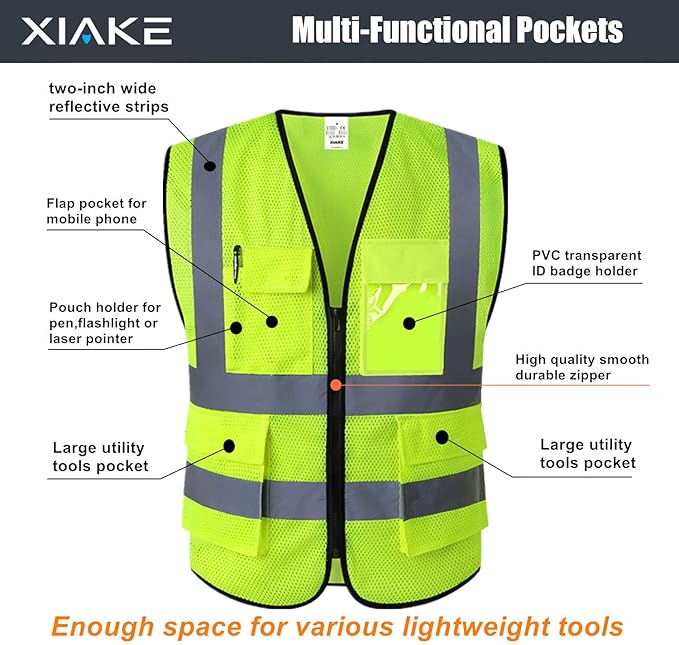 XIAKE Reflective Safety Vest for Men & Women High Visibility Class 2 Vest with Pockets Meets ANSI Standards