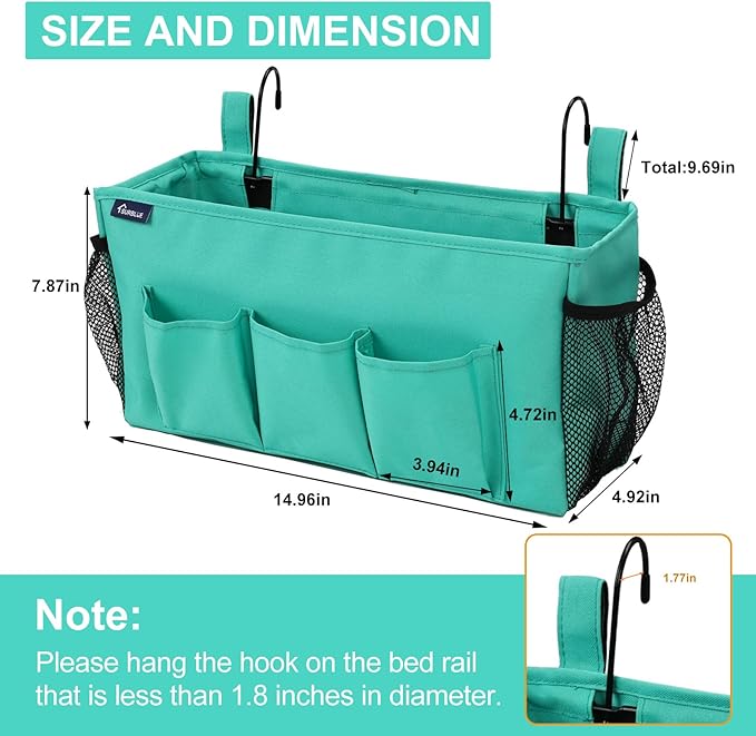 Surblue Bedside Organizer Caddy Hanging Storage Bag with Adjustable Straps and Water Bottle Holder for Home, College Dorm, Bunk Bed, Hospital Bed, Green