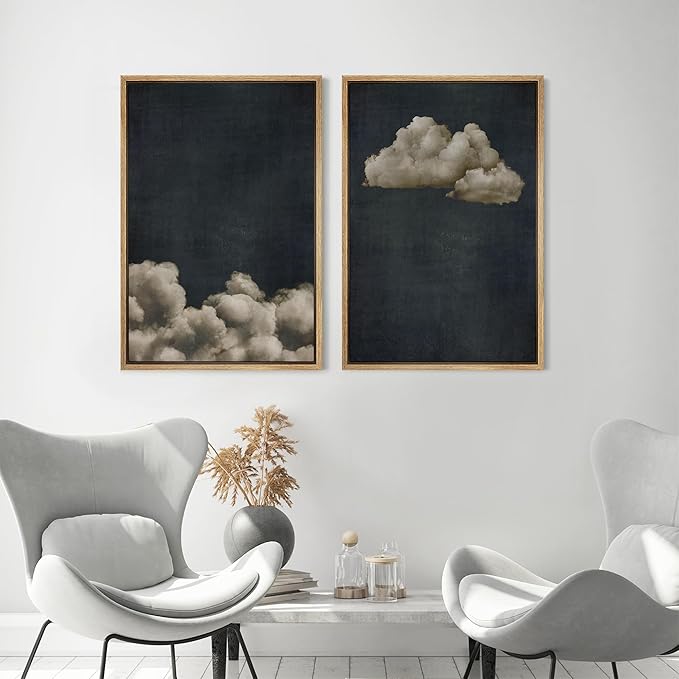 MUDECOR Framed Canvas Print Wall Art Vintage Cloudscape Dark Moody Sky with Floating Clouds Illustrations Modern Art Decorative Chic for Living Room, Bedroom, Office - 16"x24"x2 Natural