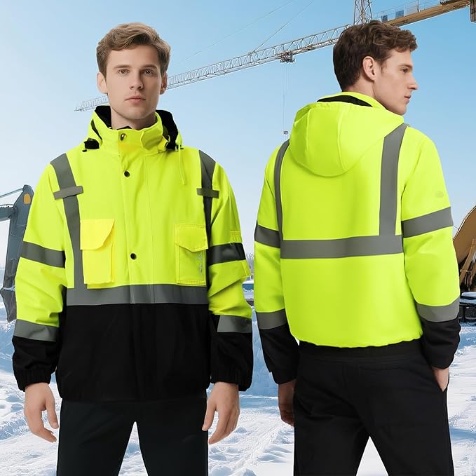 Hi Vis Safety Jackets for Men Waterproof Class 3 Reflective Construction Jacket for Winter Bomber Jacket
