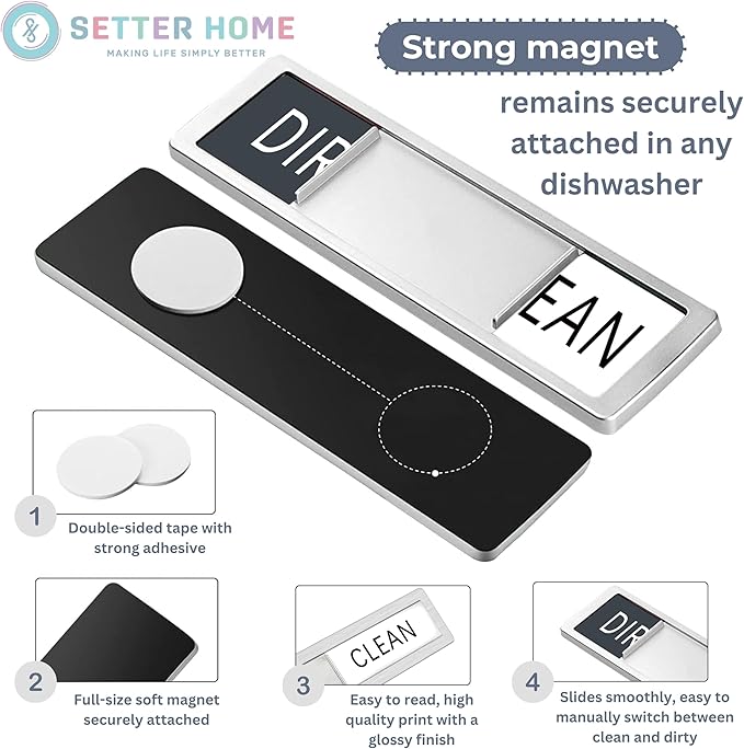 Clean dirty magnet for dishwasher, Premium Clean Dirty Sign Indicator - Stainless Steel Grade 304 Clean Dirty Magnet for Dishwasher, Grey & White Minimalistic Style, Easy to Read with Extra Adhesive Tape - Kitchen Organizer