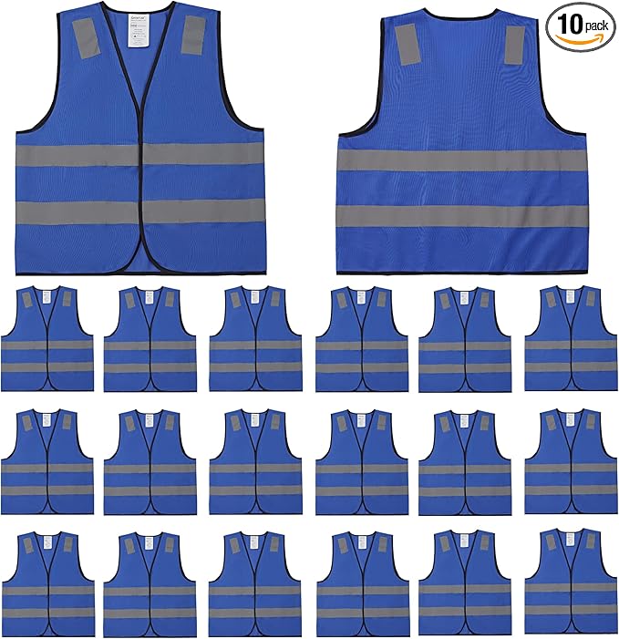 Blue Safety Vests 10 Pack - Reflective High Visibility Construction ANSI Class 2 Work Vests for Men,Woman,Hi Vis Mesh and Neon Silver Strip