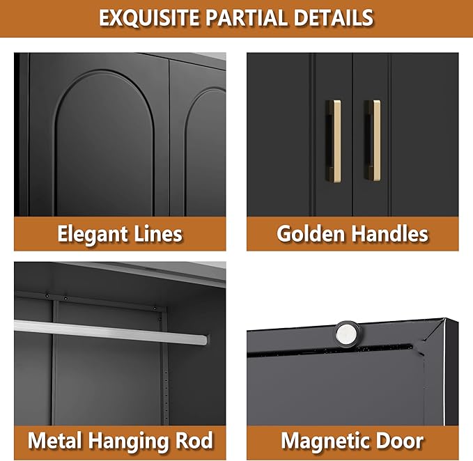 Metal Armoire Wardrobe Closet with Hanging Rod, 71" Tall Wardrobe Cabinet for Clothes, Black Clothing Storage Cabinet with Doors and Shelves, Large Wardrobes for Bedroom, Office, Employee