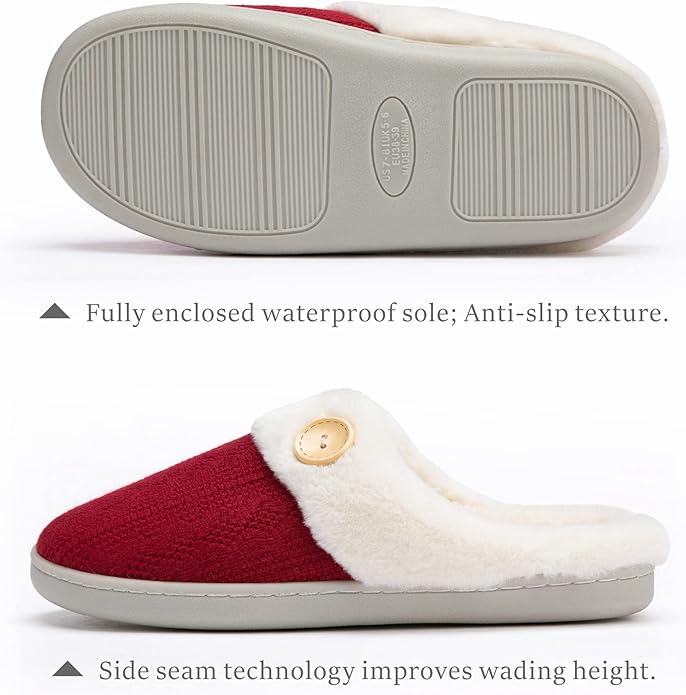 Chantomoo Womens Slipper Warm Comfy Memory Foam House Slippers Knitted Shoes Faux Fur Lined Anti-Skid Rubber Sole Bedroom Cozy Indoor Outdoor Slippers