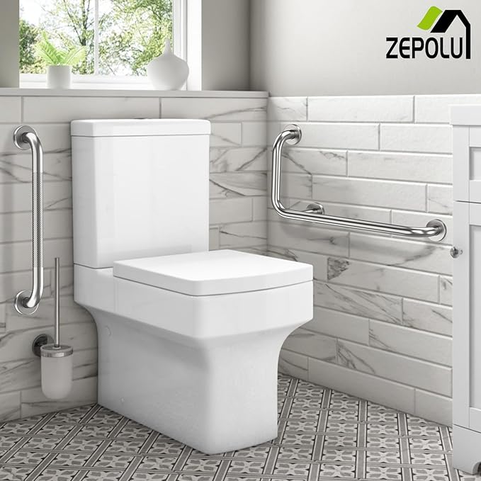 Brushed Nickel L-Shaped Grab Bar 12x24 Inch + Knurled Shower Grab Rail 20 Inch, Zepolu Stainless Steel Toilet Safety Bar 90 Degree, Angled Balance Support Assist Bar, Bathroom Mobility Aid Handrail