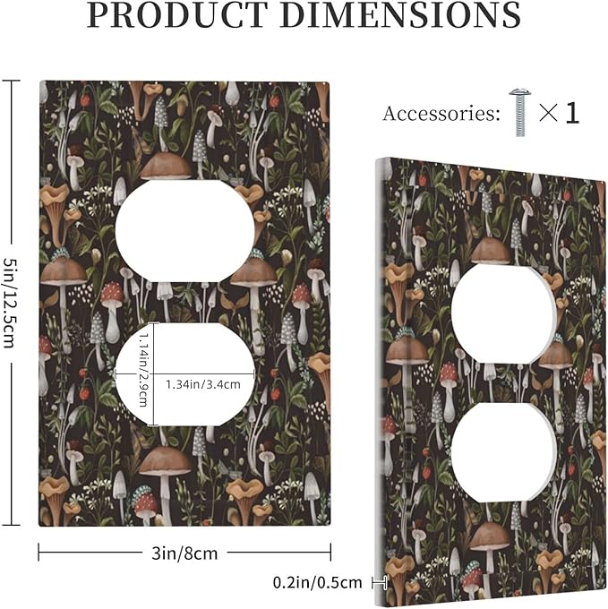 Rustic Vintage Boho Plant Mushroom Floral Leaf 1 Gang Duplex Outlet Cover Decorative Single Wall Plate Electrical Receptacle Light Switch Cover Dimmer Swithplate Faceplate for Country Bathroom Kitchen