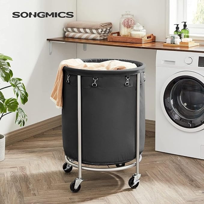 SONGMICS 50.2-Gallon (190 L) Laundry Basket with Wheels, Rolling Round Heavy-Duty Laundry Hamper Cart with Steel Frame and Removable Bag, 2 Locking Wheels, Ink Black and Metallic Silver URLS001B01