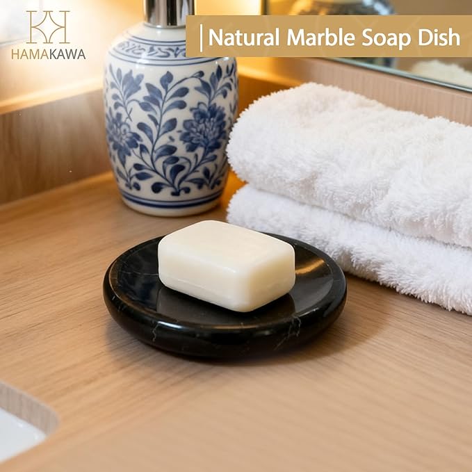 Natural Marble Soap Dish, Black Round Jewelry Dish 4.5 inch, Limestone Shower Soap Holder, Modern Stone Sponge Holder with White Stripe, Obsidian Bar Soap Saver Tray for Bathroom, Kitchen