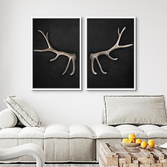 MUDECOR Framed Canvas Print Wall Art Rustic Antler Minimalist Antler Illustrations Modern Art Decorative Bohemian Colorful Chic for Living Room, Bedroom, Office - 24"x36"x2 White
