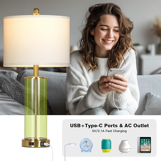 26" Green Glass Table Lamps for Bedside, Modern Living Room Lamps Set of 2, Elegant Coastal Bedroom Lamp with USB A+C Ports & AC Outlet, 3-Way Dimmable Touch Lamp for Nightstand Dining Table