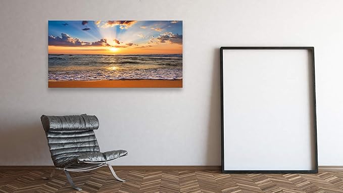 Muolunna BK1875 Wall Art Decor Large Canvas Print Picture Sunrise Ocean Beach 1 Panel Waves Scenery Painting Artwork for Office Wall Decor Home Decoration Stretched and Framed Ready to Hang XLarge