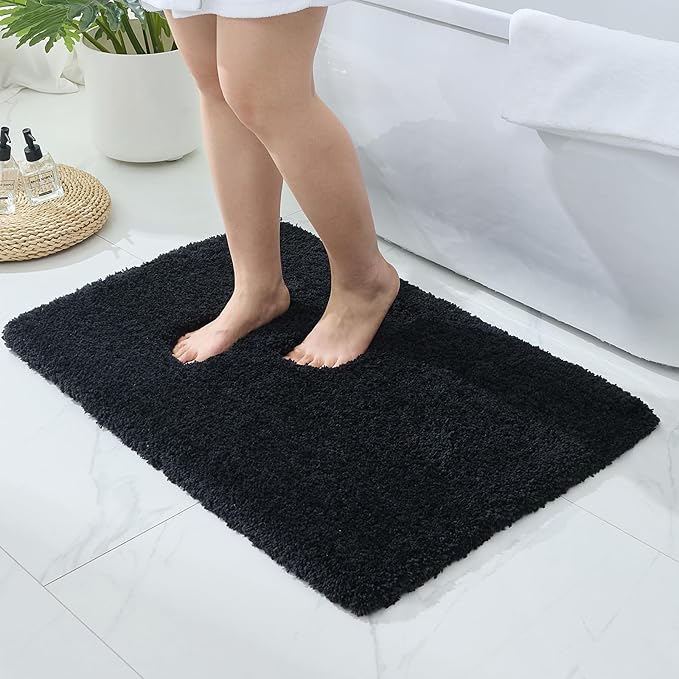 Bathroom Rugs, Ultra Thick Shaggy Soft Microfiber Absorbent Bath Rug, High Density Foam Latex Non Slip Backing, Machine Washable Bath Mats for Bathroom Floor & Sink 24x17, Black