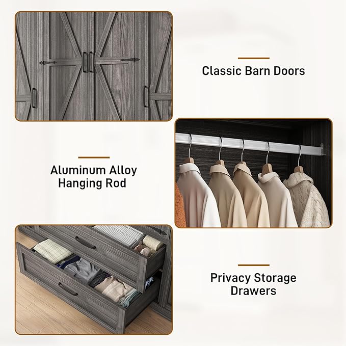 4 Doors Wardrobe Armoire Closet with Doors and Drawers, Farmhouse Wooden Armoire Storage Cabinet with Shelves & Hanging Rod for Bedroom, Grey