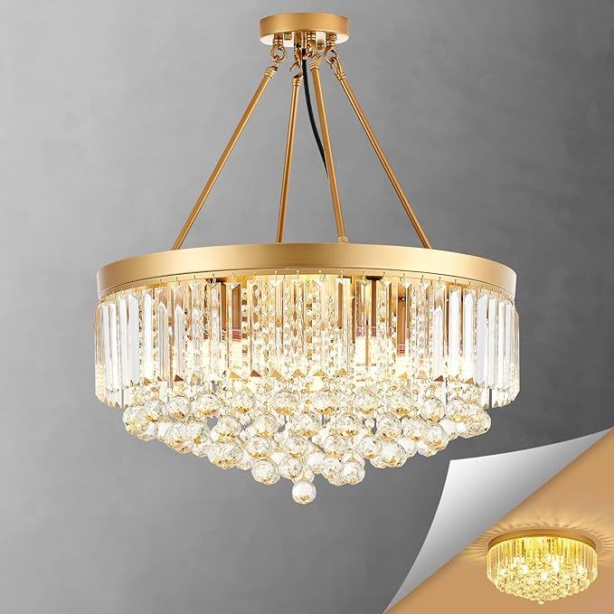 9-Light Gold Crystal Chandelier Contemporary 22'' Modern Semi Flush Mount Crystal Hanging Light Sparkling Decoration for Bedroom Entryway Living Dining Room Kitchen Island Hallway