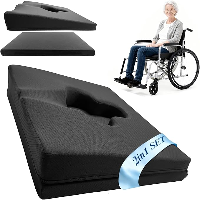 Gel Wheelchair Seat Cushion,Bed Sore Cushions for Butt,Office Chair Pressure Sore cushion,Memory Foam Pillow for bed,Pressure Ulcer Pain Relief,Relieve Sciatica,Coccyx,Washable Cover/Set Black