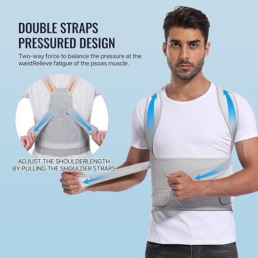 Posture Corrector for Women and Men, Adjustable Back Brace with Full Back Support, Shoulder Straightener for Spine Alignment, Kyphosis, Hunchback, Scoliosis, Lumbar, Spine, Grey (Medium)
