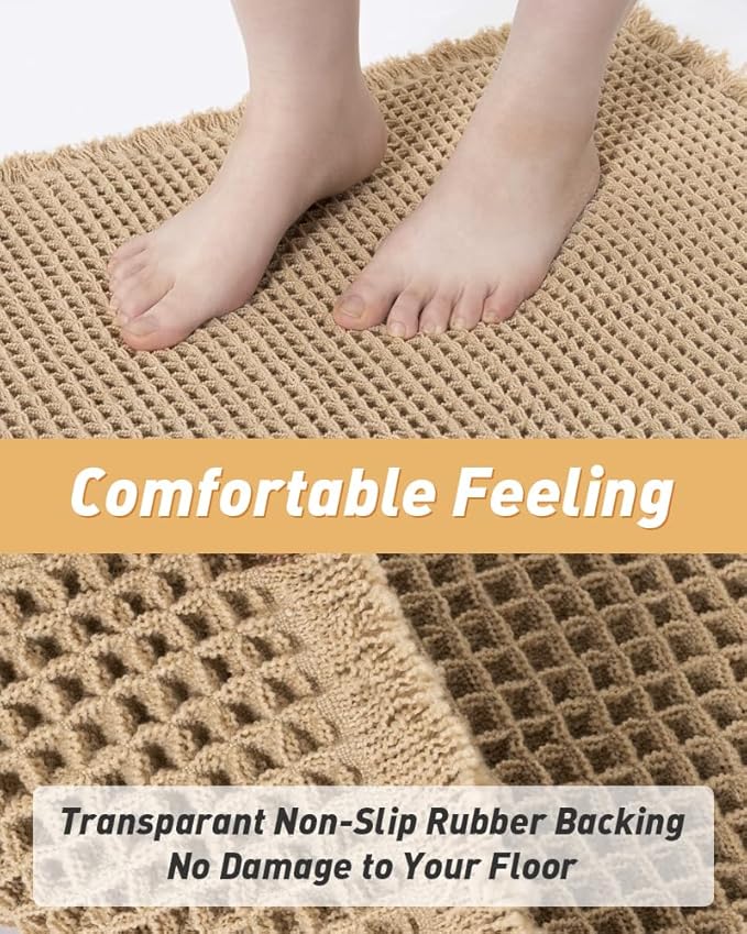 AMOAMI Upgraded Waffle Runner Rug, Super Absorbent Non Slip Bath Mats for Bathroom Floor, Machine Washable Bathroom Boho Runner Rug with Tassels, Ideal for Hallway Bedroom Laundry Room,17" x 60"