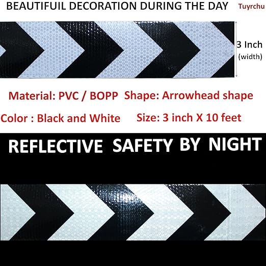 Black White Reflective Tape Outdoor Waterproof 3 inch X 10 feet, High Visibility Hazard Conspicuity Safety Industrial Marking Tape