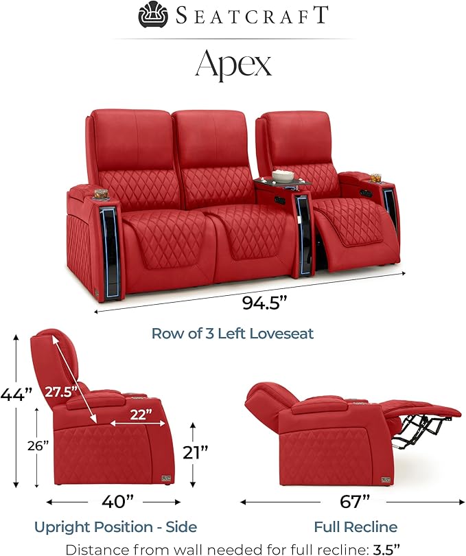 Seatcraft Apex Zero-Gravity CoolZero Italian Leather Home Theater Seating, Powered Headrest, Powered Lumbar, Powered Recline, Row of 3 Left Loveseat, Red