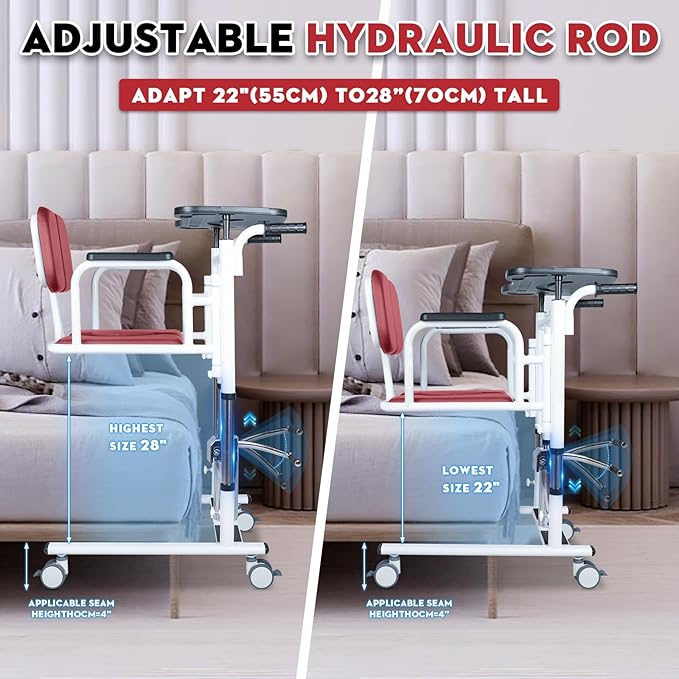 Drexo Patient Lift Transfer Chair, 5 in 1 Patient Lift Chair with 180°Split Seat, Height Adjustable Patient Transfer Chair with 4 Casters for Home Seniors Elderly, Load 450Lbs (Non-Fold, Red)