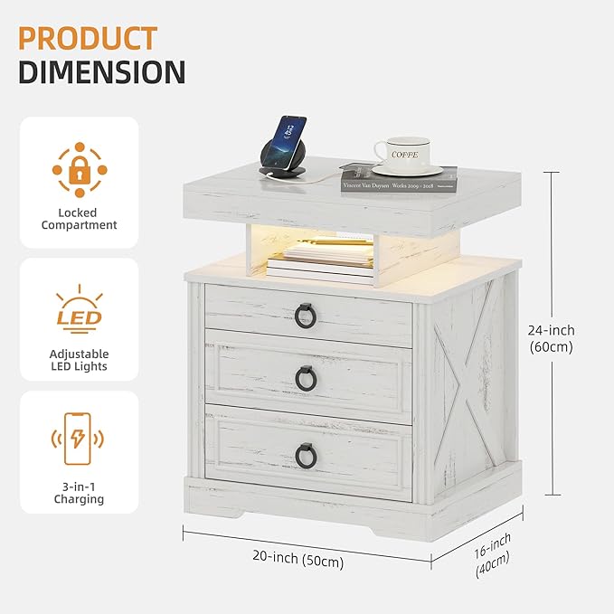 Gurexl Farmhouse Night Stand with Lockable Gun Drawer,LED Nightstand with Charging Station,Bedside Table with Human Sensor 3-Color Lights,End Table with 3 Drawers,Bedroom,White