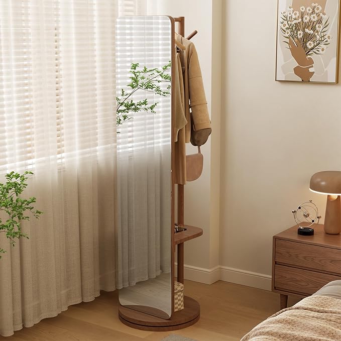 WoodsWhisper Full Length Mirror Coat Rack Solid Wood Floor Mirror 70"x16" Full Length Mirror with Stand Long Mirrors for Bedroom,Living Room