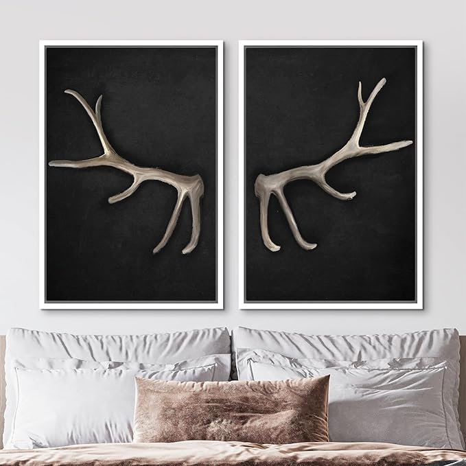 MUDECOR Framed Canvas Print Wall Art Rustic Antler Minimalist Antler Illustrations Modern Art Decorative Bohemian Colorful Chic for Living Room, Bedroom, Office - 24"x36"x2 White