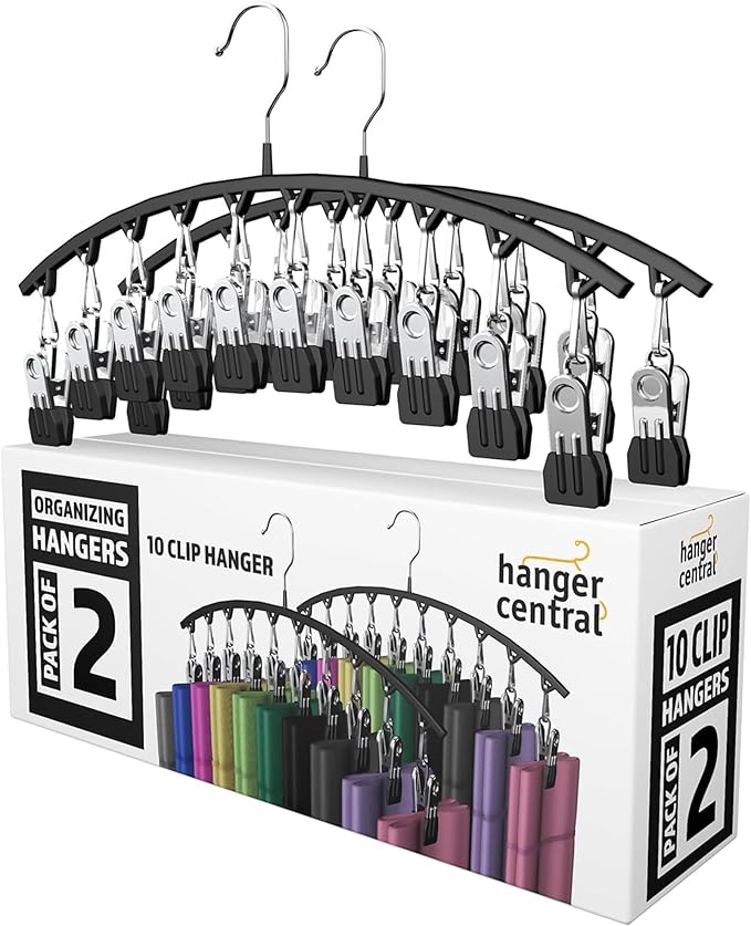 Hanger Central Legging Organizer for Closet – 2 Pack Metal Yoga Pants Hangers with 10 Non Slip Clips Each – Space Saving Hanging Closet Organizer for Clothes, Dorm Storage, Wardrobe – Black
