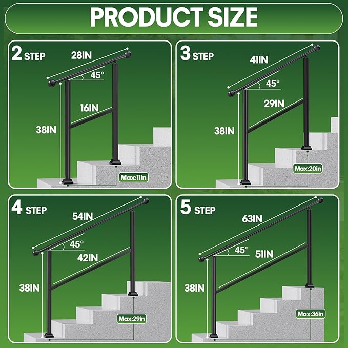3-Step Outdoor Stair Handrail Kit, Heavy Duty Aluminum Alloy Adjustable Height with Powder Coated Black Metal Finish Complete Installation Hardware & Tools Included for Concrete Porch Deck Brick