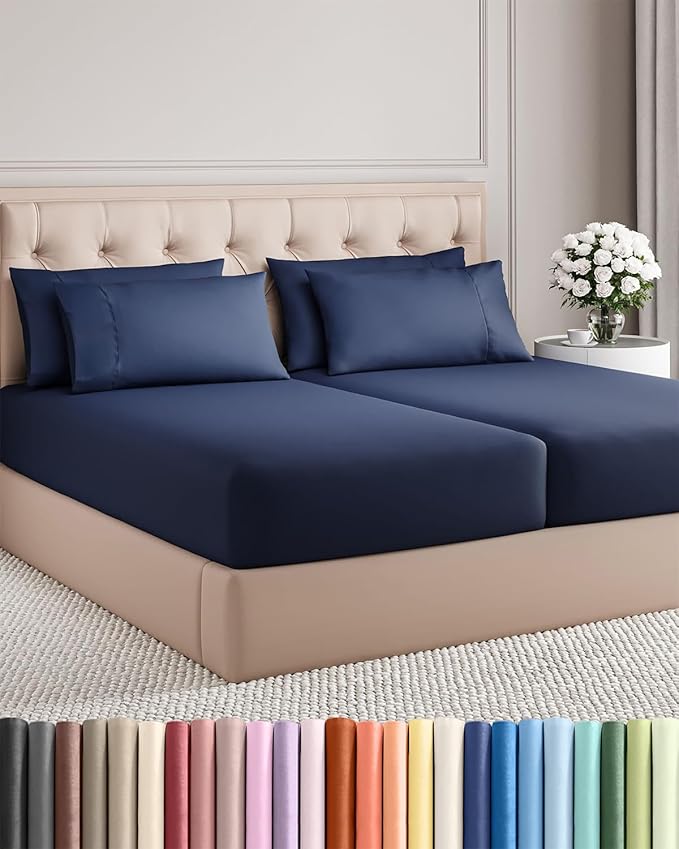 Split King 7 Piece Sheet Set - Cooling & Breathable Bed Sheets - Hotel Luxury Bed Sheets for Women, Men, Kids & Teens - Deep Pockets - Easy Fit - Soft and Wrinkle Free - Split King Navy Blue Sheets