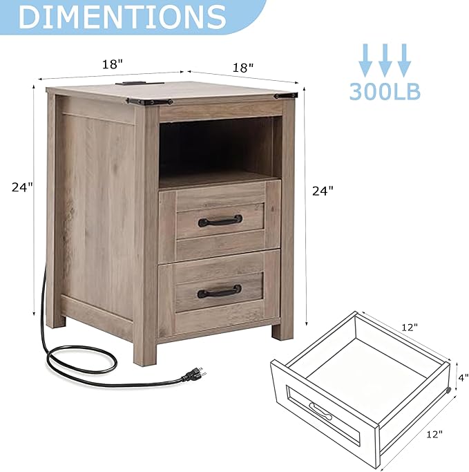 Sierra Night Stand, Rustic End Table with Charging Station, Farmhouse Tall Nightstand for Bedroom, Drawer Dresser Bedside Table with Open Storage Shelf